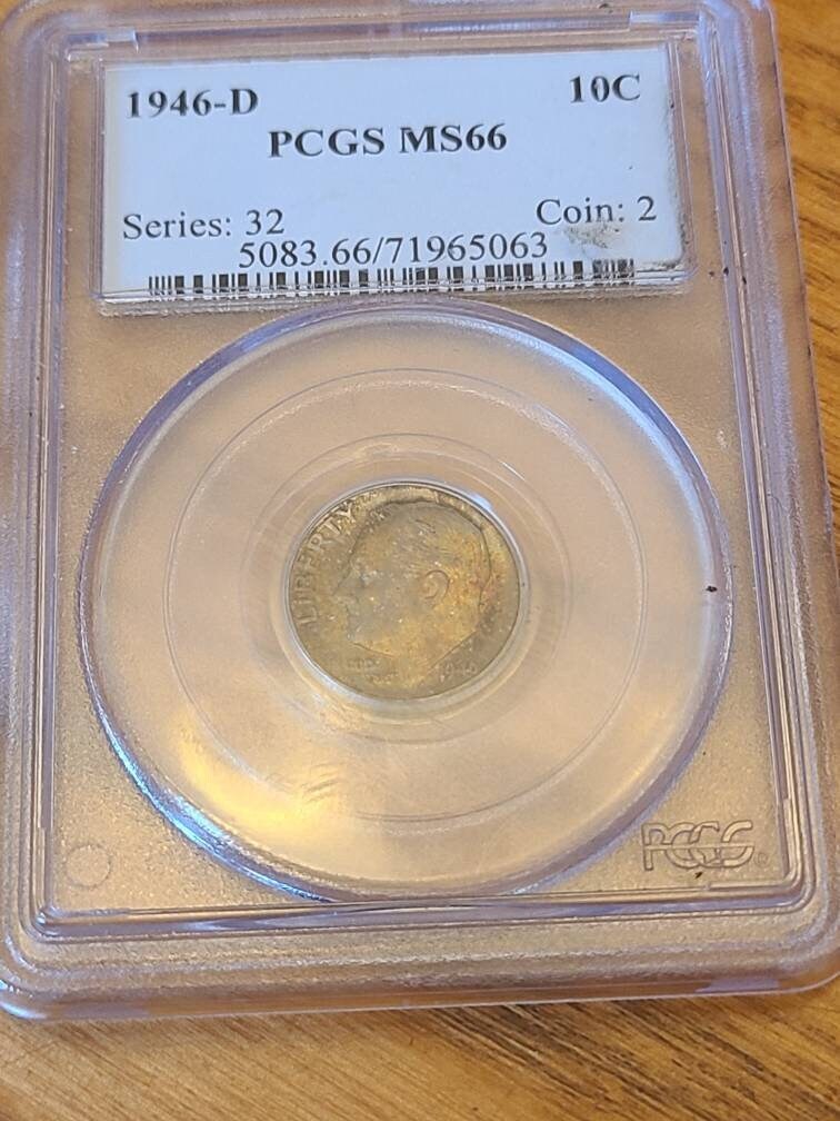 Two graded silver Roosevelt bundle deal, 1946d ms66 pcgs rainbow toned dime and