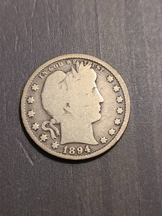 1894 semi key date barber quarter, rare very low mintage silver coin collecting