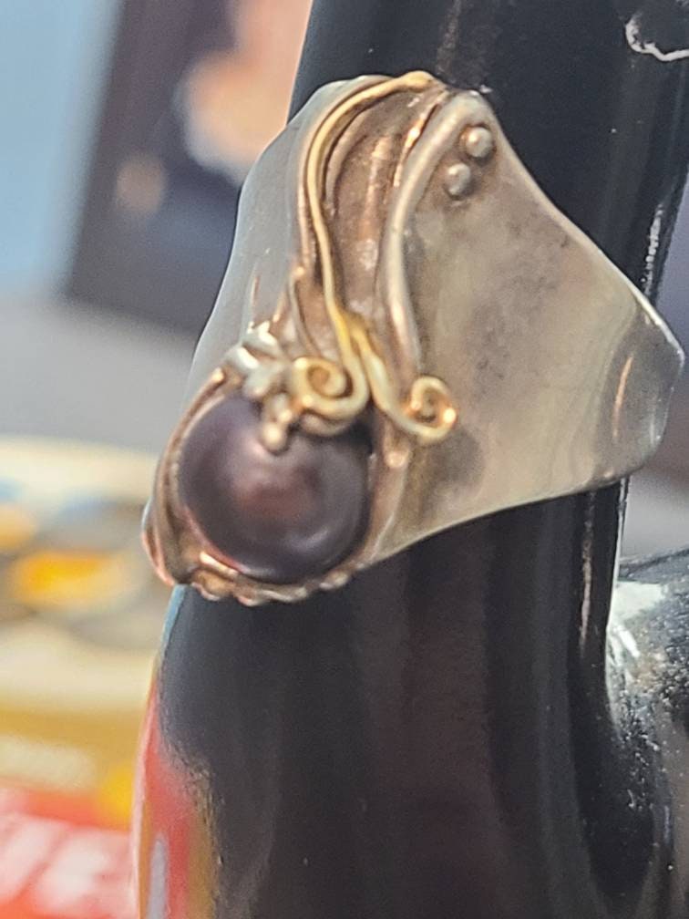 Vintage isreali designer hagit gorali sterling silver statement ring,  with center black pearl and gold Tone accents, amazing gift for her