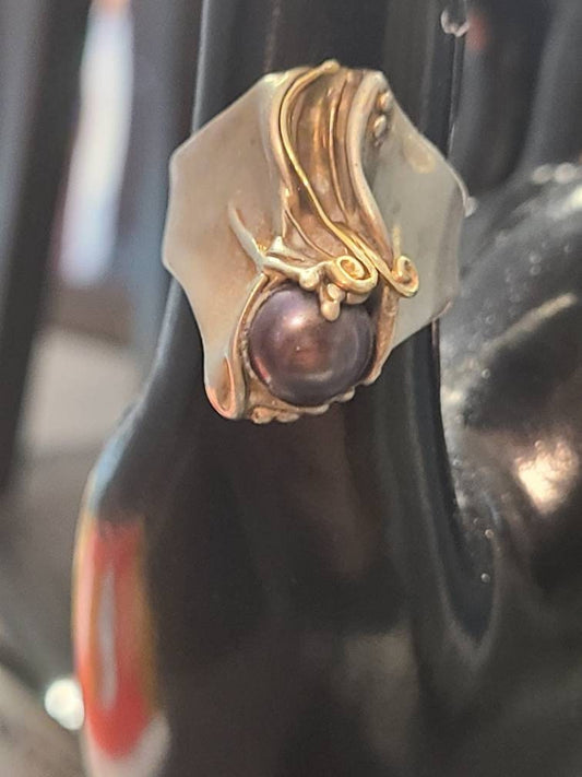 Vintage isreali designer hagit gorali sterling silver statement ring,  with center black pearl and gold Tone accents, amazing gift for her