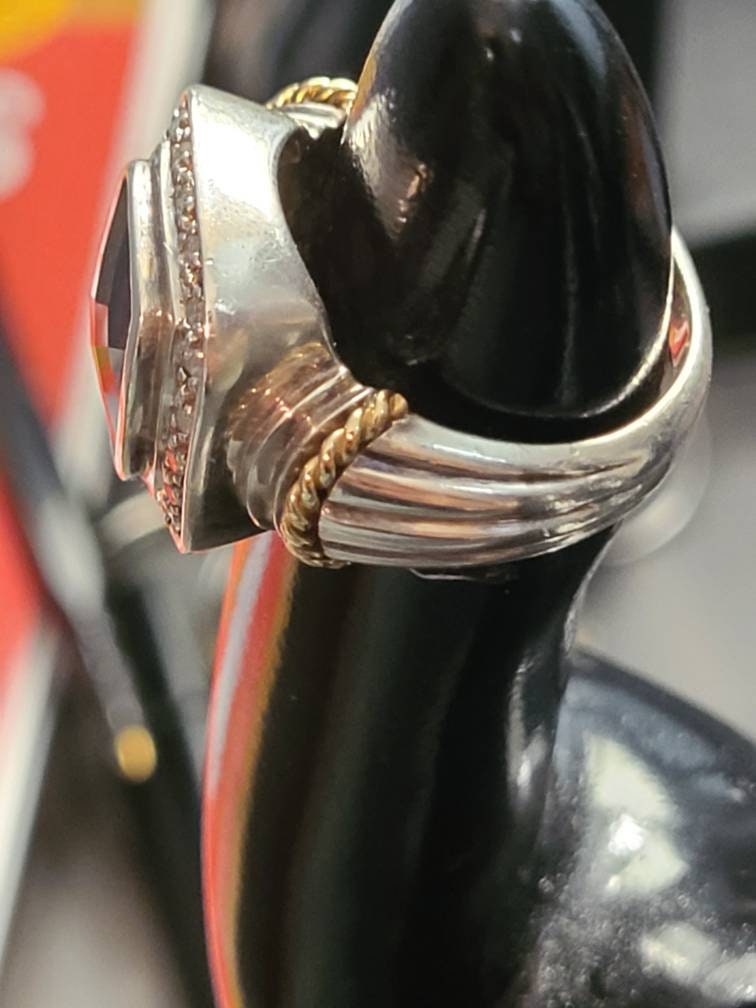 Vintage size statement 7 ring, signed SLV, sadye l. Vassil designed, 14k yellow gold on sterling silver with small diamonds,  anniversary