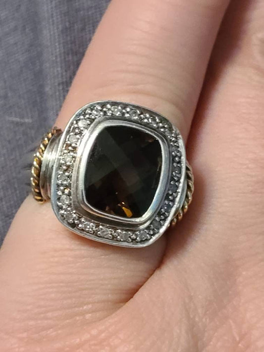 Vintage size statement 7 ring, signed SLV, sadye l. Vassil designed, 14k yellow gold on sterling silver with small diamonds,  anniversary