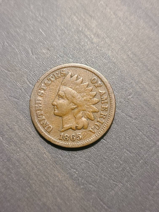 1865 semi key date indian cent, nice original, plain 5 variety, antique American coin