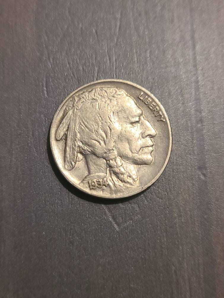 1934 buffalo nickel, beautiful almost uncirculated antique American coin colleting