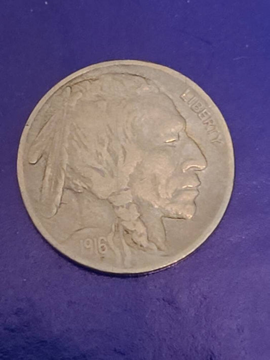 1916 buffalo nickel coin, early date very fine plus, nice better date coin