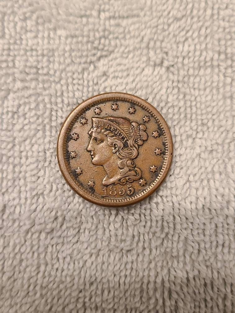 1855 American antique large cent coin, old coin collecting,  better date us coin, mid grade