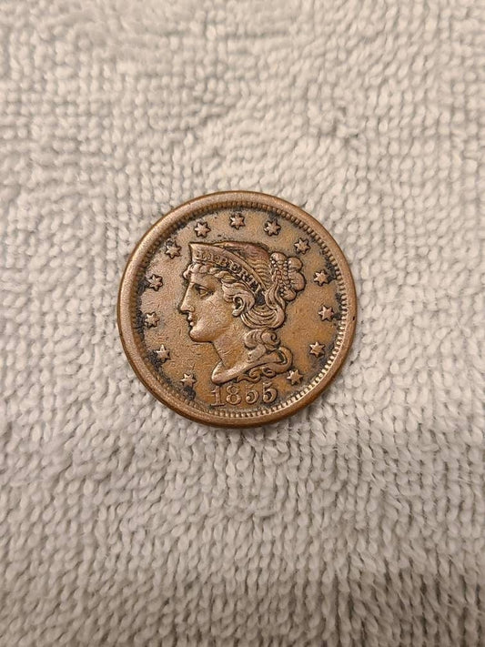 1855 American antique large cent coin, old coin collecting,  better date us coin, mid grade