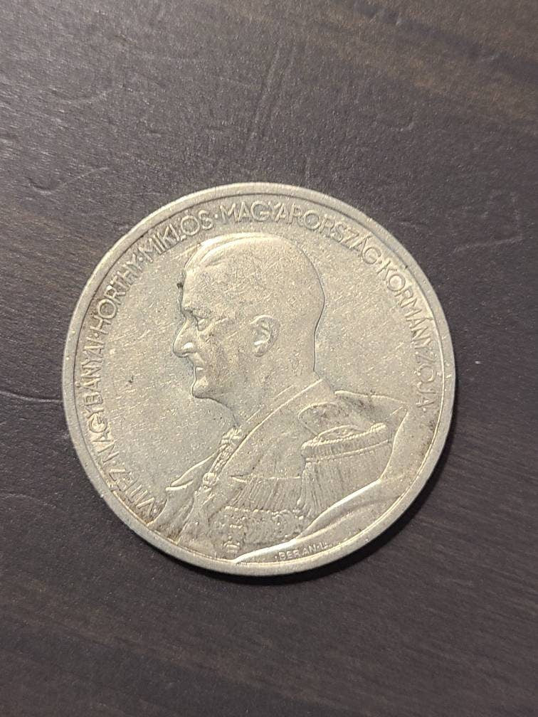 1939 Hungarian 5 pengo large silver coin, commemorative 70th birthday coin, rare, free shipping, coin collecting
