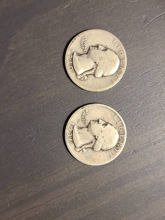 1940d and 1936d silver Washington quarters, two early low mintage 90 percent silver coins, coin collecting