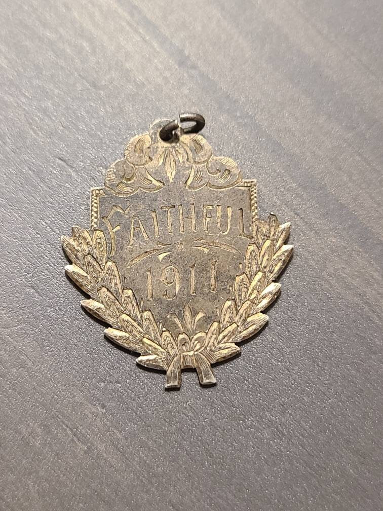 Antique 1911 religious sterling silver pendant charm, gifts for her, one of a kind "faithful" inscribed necklace charm
