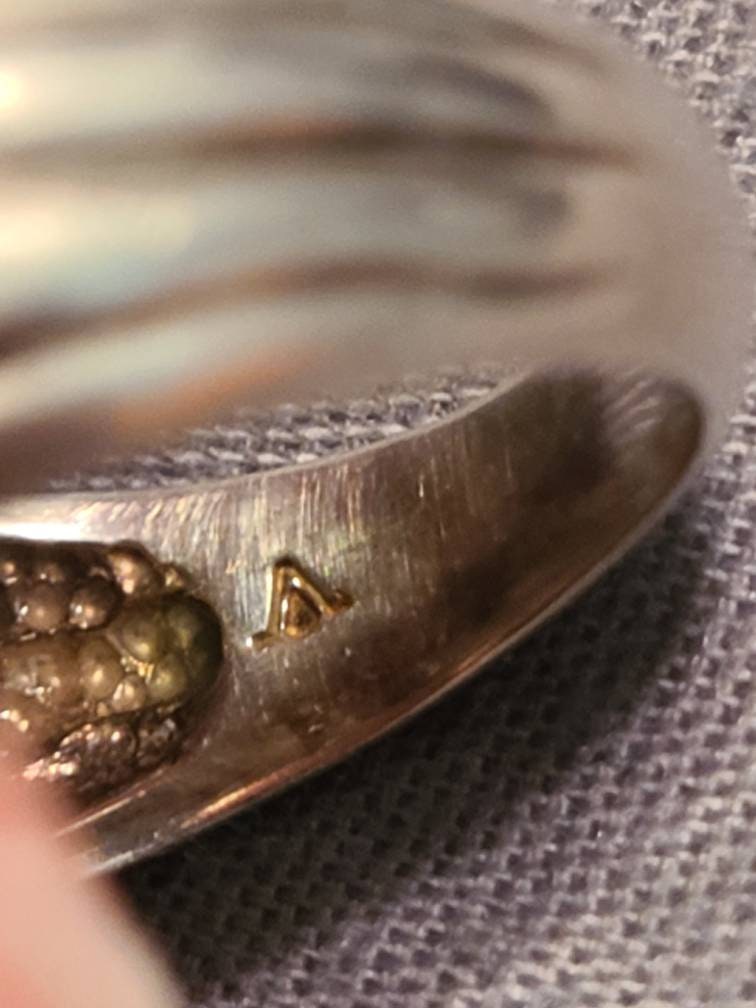 Vintage size statement 7 ring, signed SLV, sadye l. Vassil designed, 14k yellow gold on sterling silver with small diamonds,  anniversary