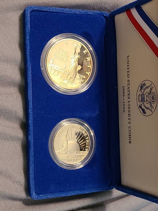 1986s statue of liberty two coin commemorative set including 90 percent silver proof dollar, vintage american coin collecting, hobby