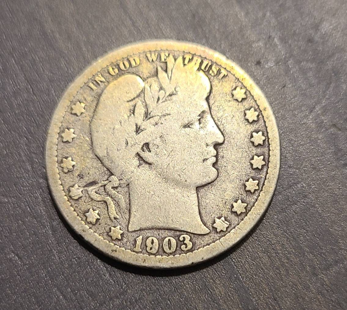 1903 barber silver quarter, antique higher us coin  very rare date American coin collecting