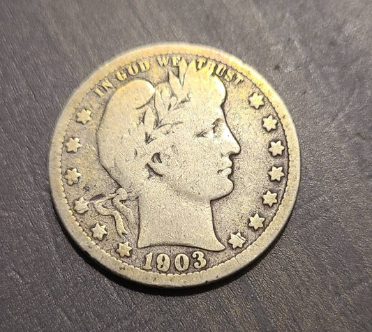 1903 barber silver quarter, antique higher us coin  very rare date American coin collecting