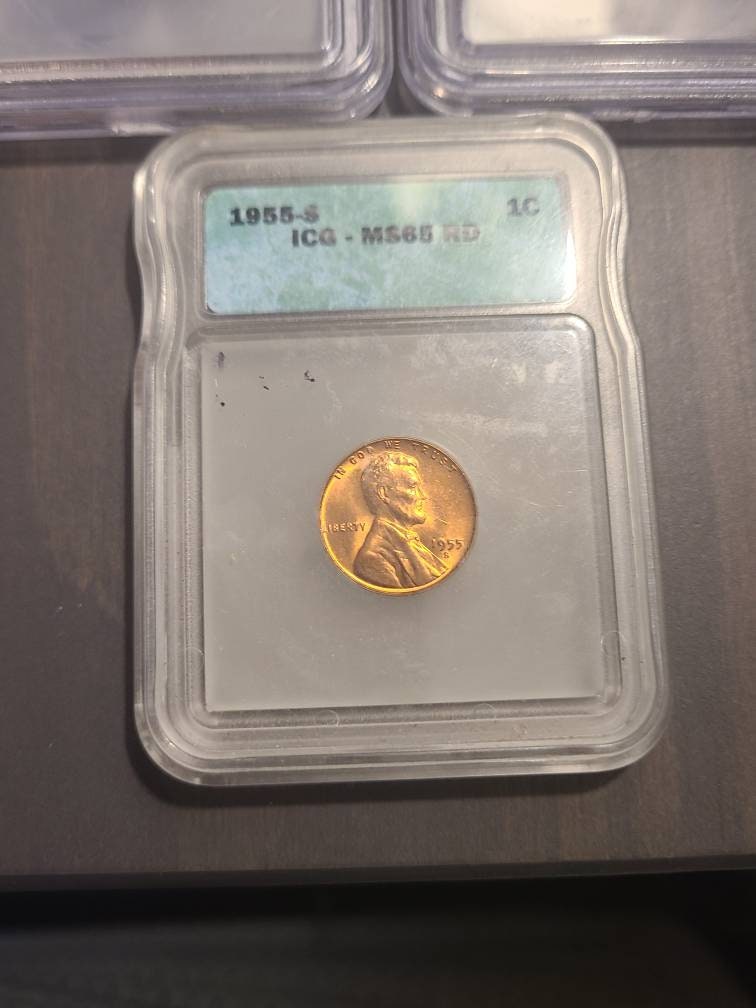 Two satin finish special proof Lincoln wheat cent coins, 2005p and 2005d low mintage coins, icg graded sp69 and 1955s ms65red