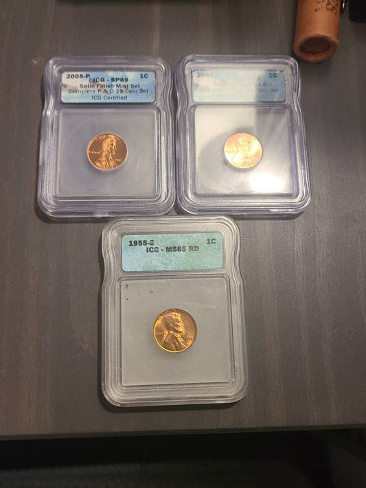 Two satin finish special proof Lincoln wheat cent coins, 2005p and 2005d low mintage coins, icg graded sp69 and 1955s ms65red