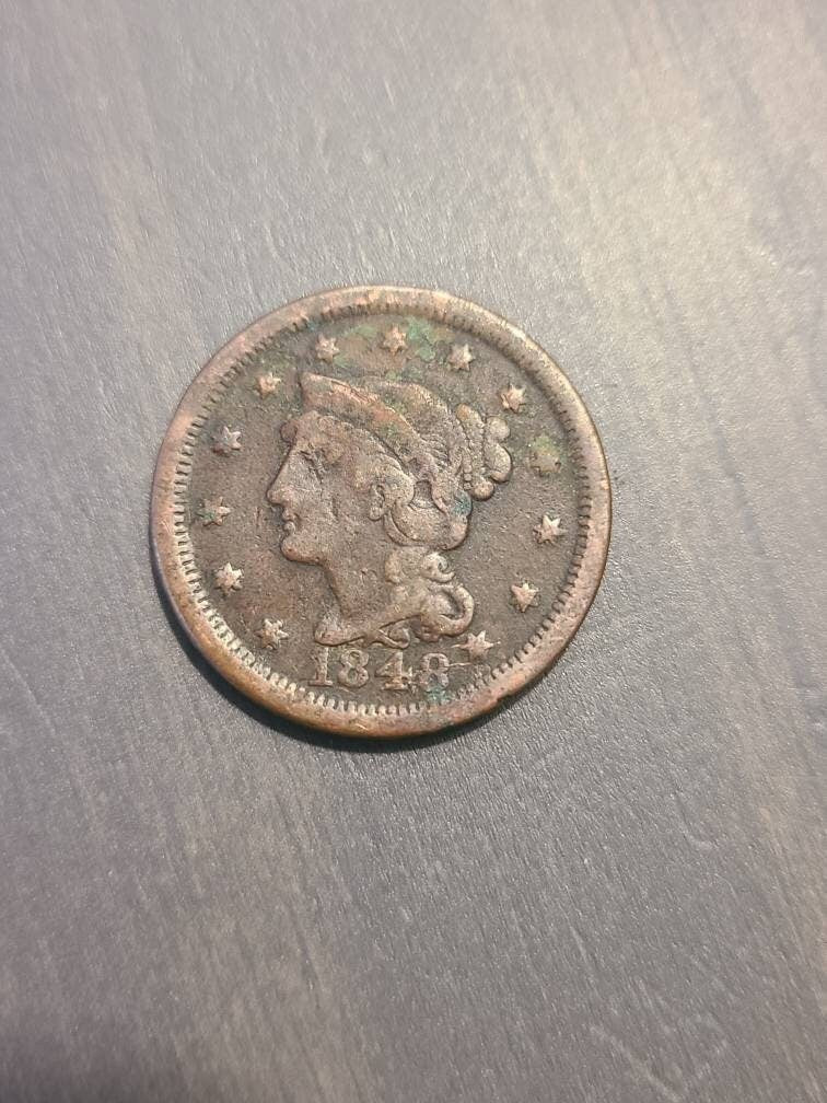 1848 American antique large cent coin, old coin collecting,  better date us coin