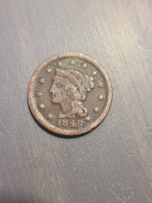 1848 American antique large cent coin, old coin collecting,  better date us coin