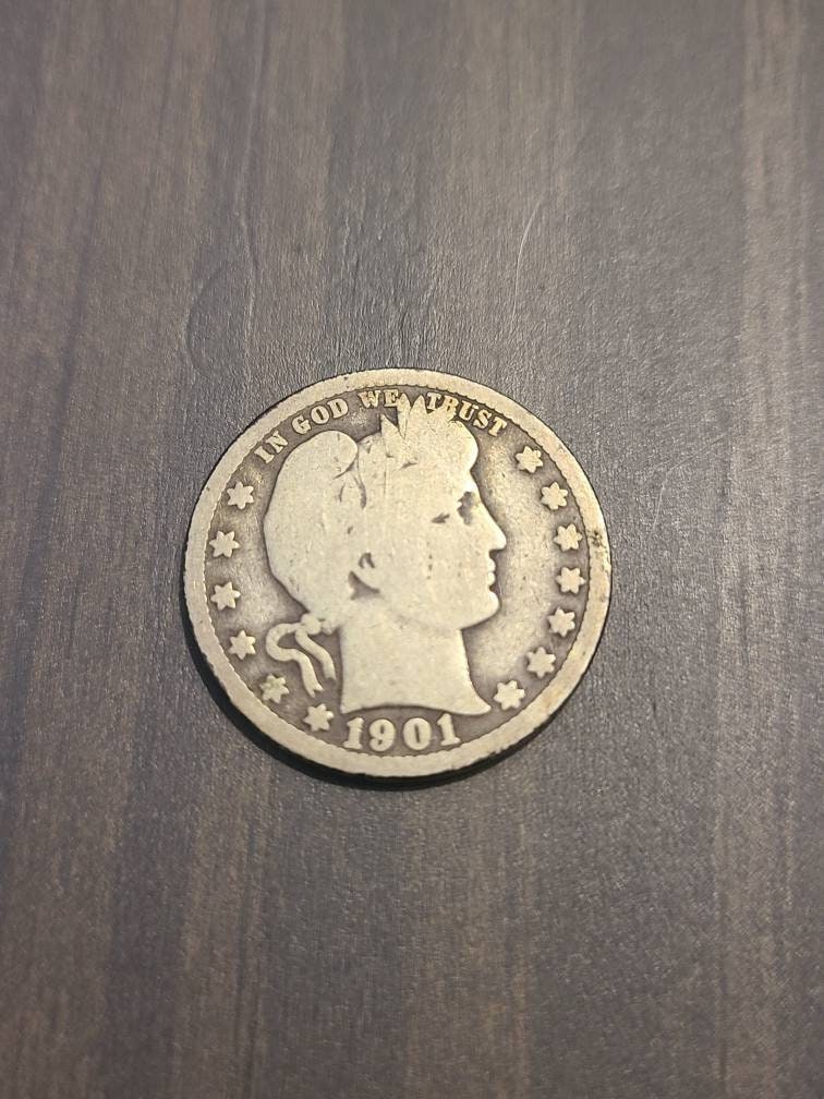 1901o barber silver quarter, antique higher us coin  very rare date American coin collecting, semi key date