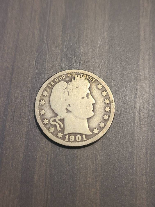 1901o barber silver quarter, antique higher us coin  very rare date American coin collecting, semi key date