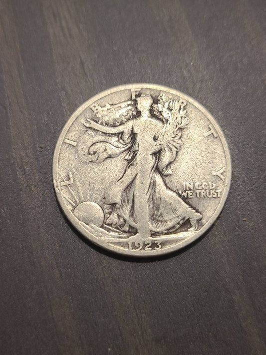 1923s walking liberty half dollar, rare date coin, vg+