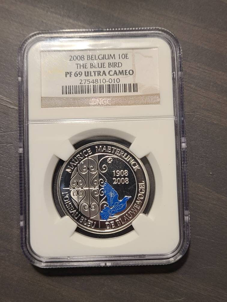Belgium 10 euro blue bird, super rare silver coin, ngc graded proof69 top pop coin collecting