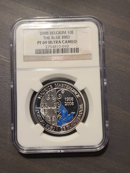 Belgium 10 euro blue bird, super rare silver coin, ngc graded proof69 top pop coin collecting