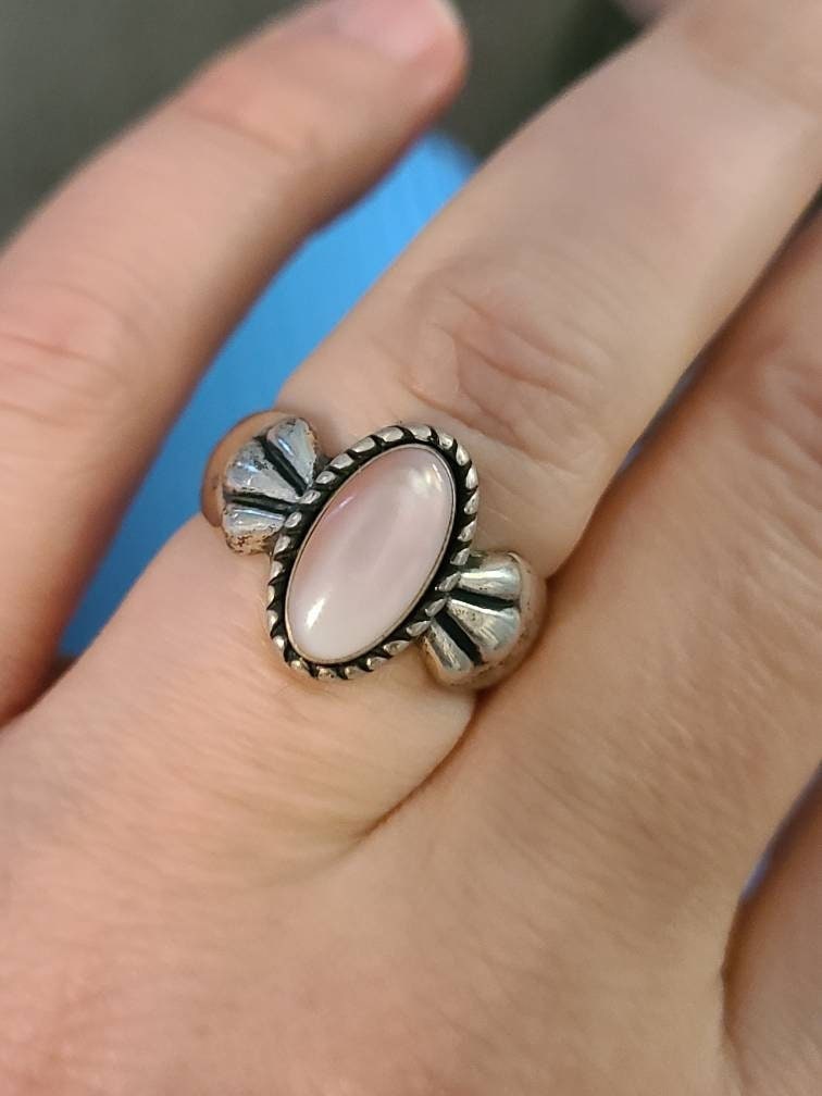 Sterling silver, handmade southwestern style, statement ring size 8.5  gifts for her  with rose quartz gemstones 9 grams