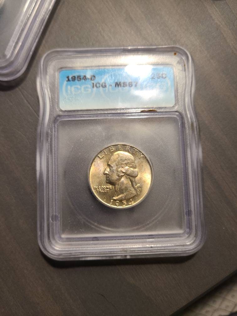 1954d Washington Silver Quarter coin, uncirculated ICG graded ms67 superb gem coin with gorgeous mint toning, gifts him 90 percent silver