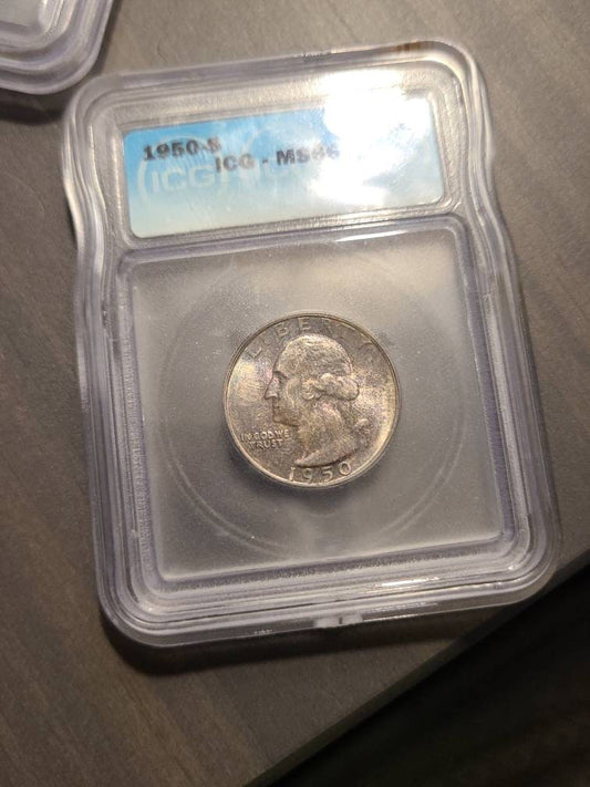 1950s Washington Silver Quarter coin, uncirculated ICG graded ms66 gem coin with gorgeous mint toning, 90 percent silver gift for him money
