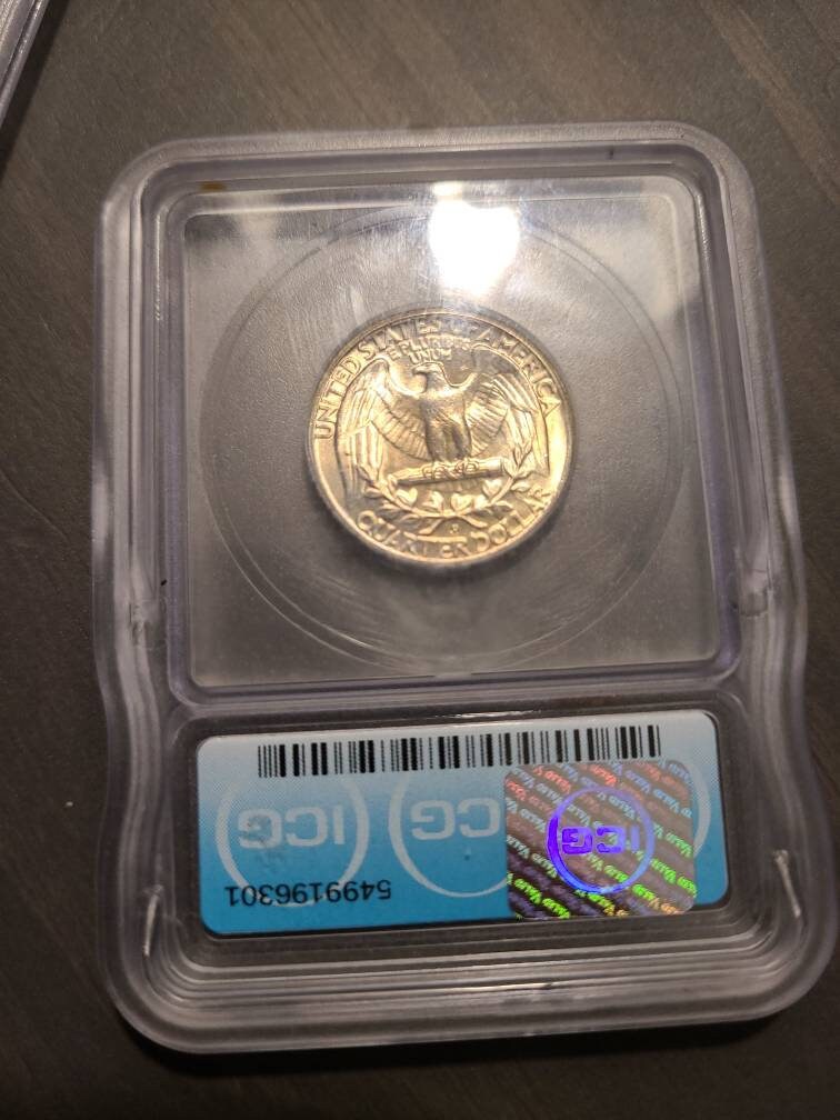 1953d Washington Silver Quarter coin, uncirculated ICG graded ms66+ gem coin with gorgeous mint toning