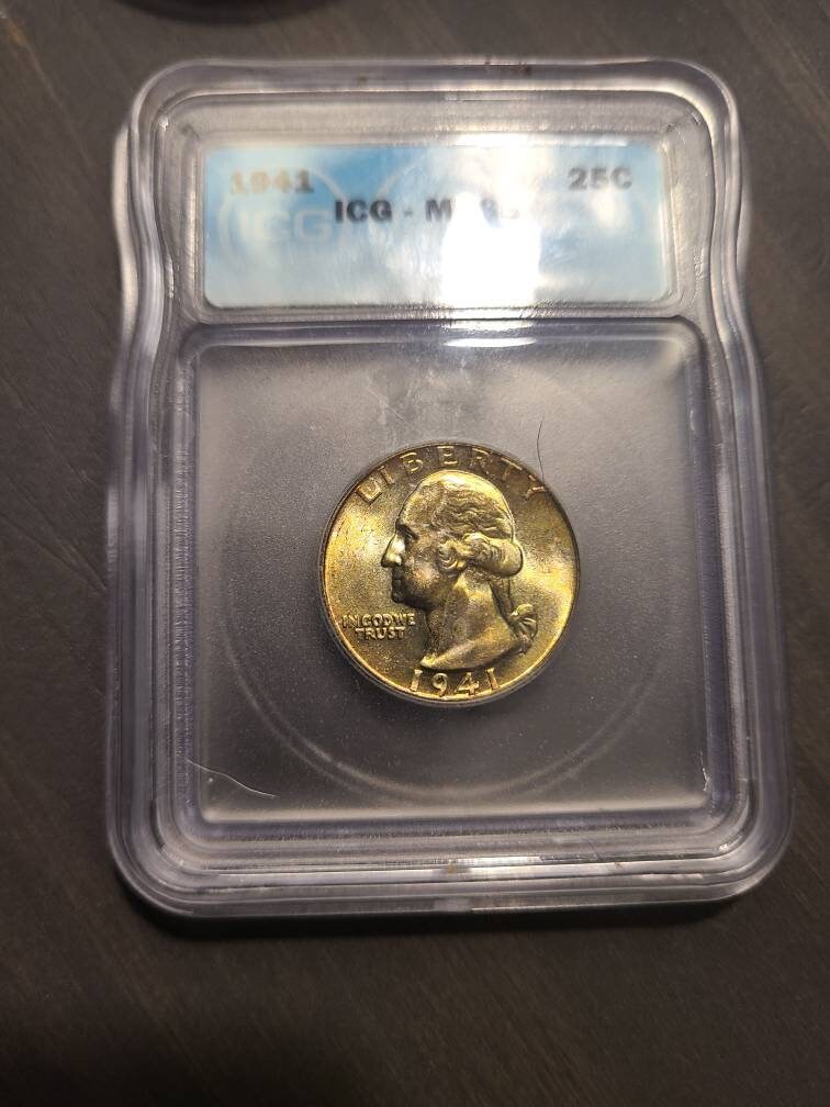 1941 Washington Silver Quarter coin, uncirculated ICG graded ms66 gem coin with gorgeous mint toning yellow and green