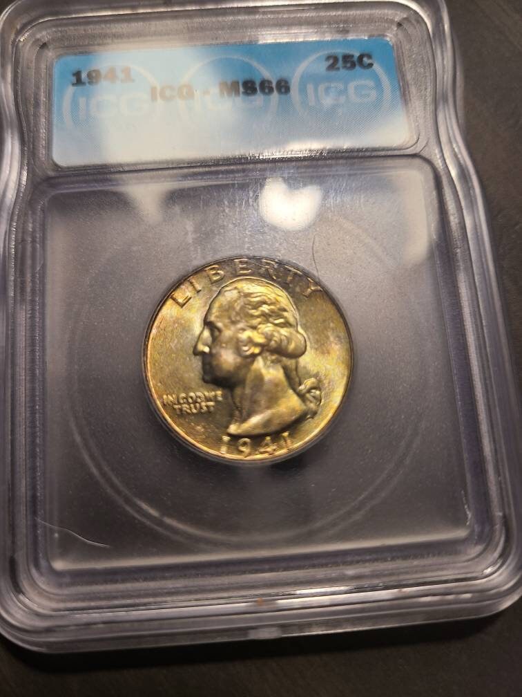 1941 Washington Silver Quarter coin, uncirculated ICG graded ms66 gem coin with gorgeous mint toning yellow and green