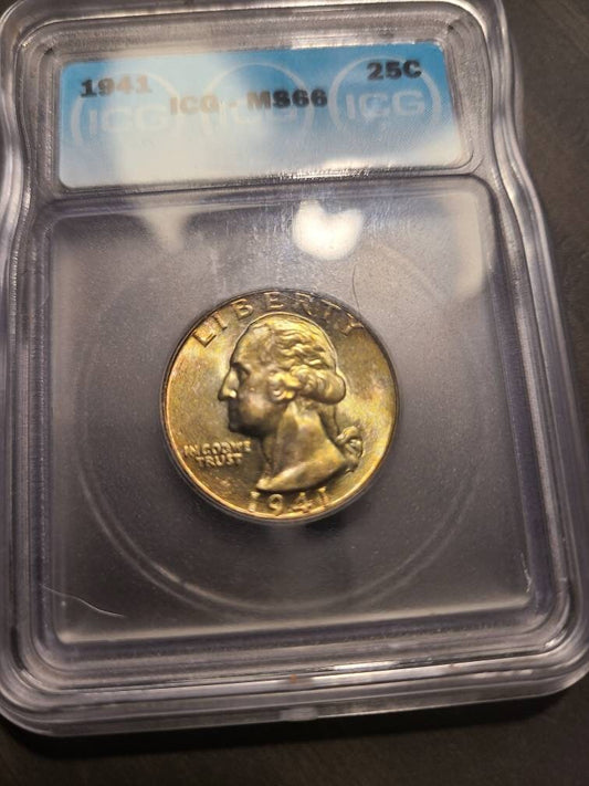 1941 Washington Silver Quarter coin, uncirculated ICG graded ms66 gem coin with gorgeous mint toning yellow and green