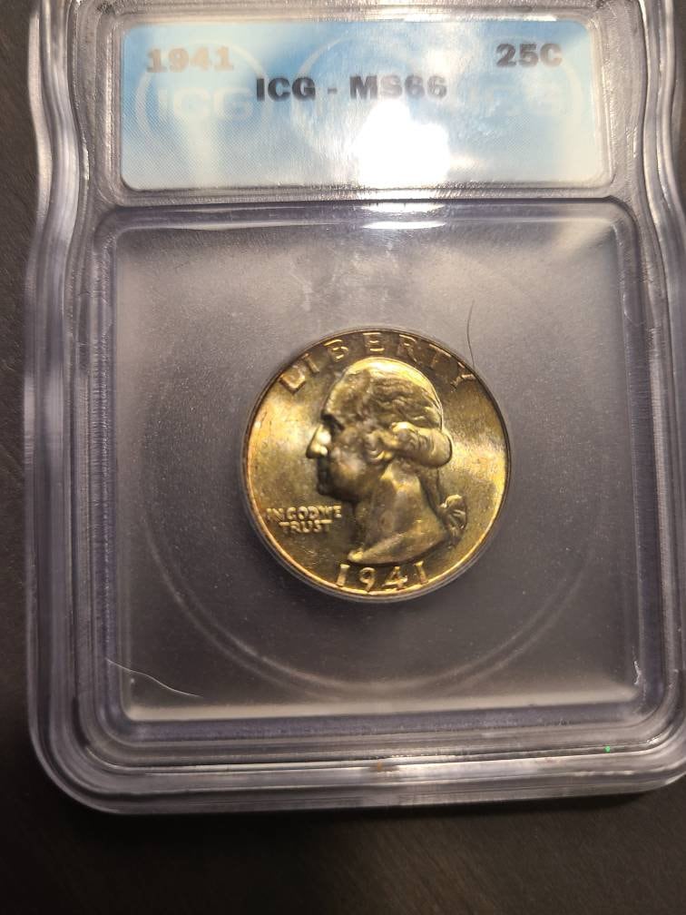 1941 Washington Silver Quarter coin, uncirculated ICG graded ms66 gem coin with gorgeous mint toning yellow and green