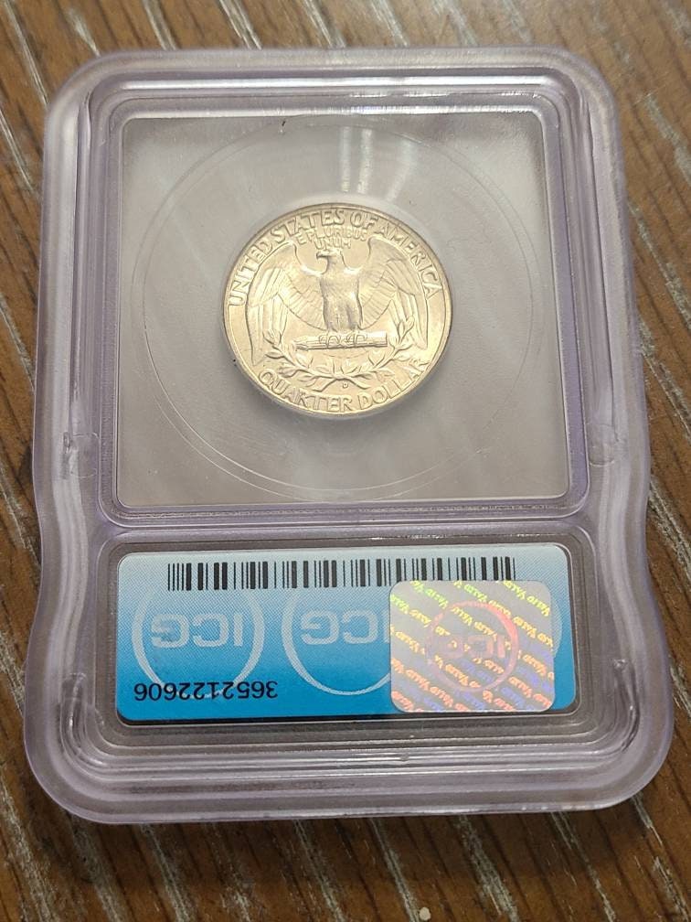 1949d Washington Silver Quarter coin, uncirculated ICG graded ms66+ gem coin with gorgeous mint toning yellow and green, gifts for him