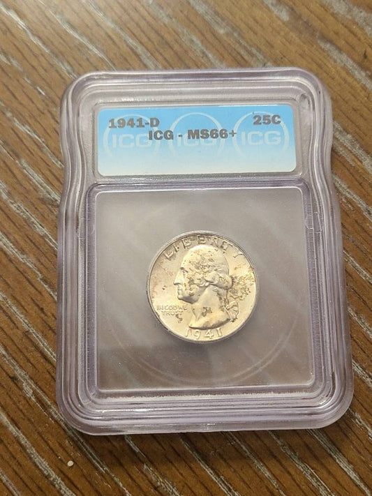 1941d Washington Silver Quarter coin, uncirculated ICG graded ms66+ gem coin with gorgeous mint toning