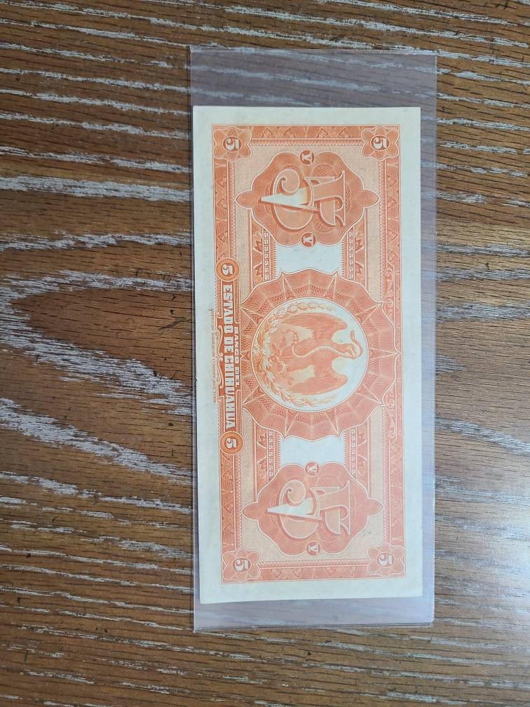 Authentic Mexican state of chihuahua,  1913 5 pesos bank note, crisp uncirculated foreign currency note