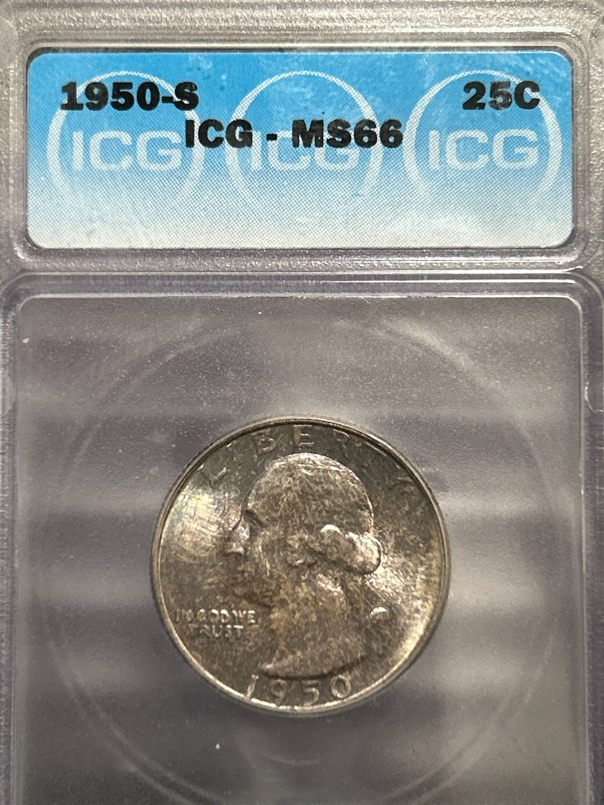 1950s Washington Silver Quarter coin, uncirculated ICG graded ms66 gem coin with gorgeous mint toning, 90 percent silver gift for him money