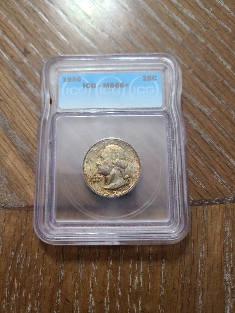 1950d Washington Silver Quarter coin, uncirculated ICG graded ms66+ gem coin with gorgeous mint toning, 90 percent silver for him holiday