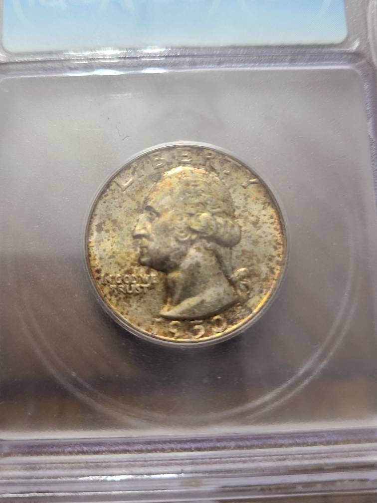 1950d Washington Silver Quarter coin, uncirculated ICG graded ms66+ gem coin with gorgeous mint toning, 90 percent silver for him holiday