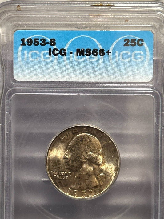 1953s Washington Silver Quarter coin, uncirculated ICG graded ms66+ gem coin with gorgeous mint toning