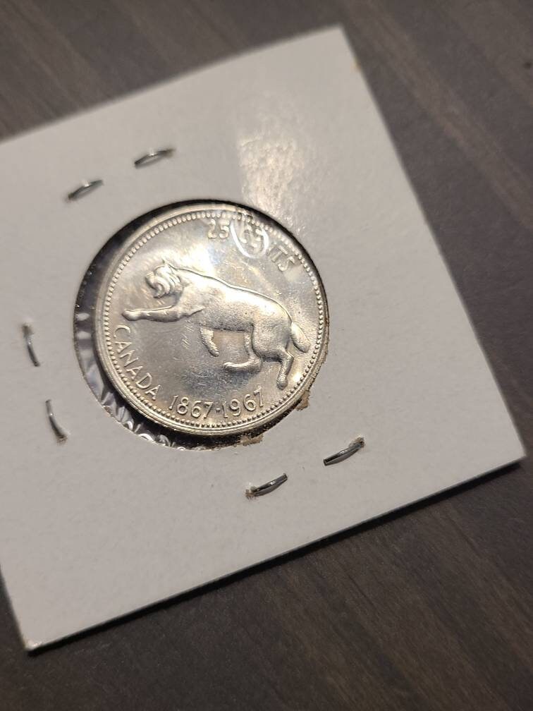 1967 Canada silver bobcat quarter, mint state centennial 25 cent piece, uncirculated 80 percent silver, queen elizabeth rememberance gift