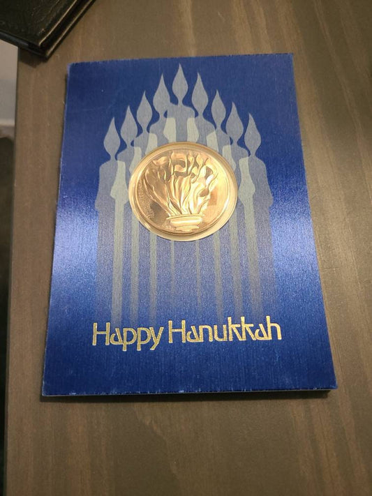 Vintage Jewish happy hannakuah card, with large bronze medallion for celebration of the holidays,  coin collecting