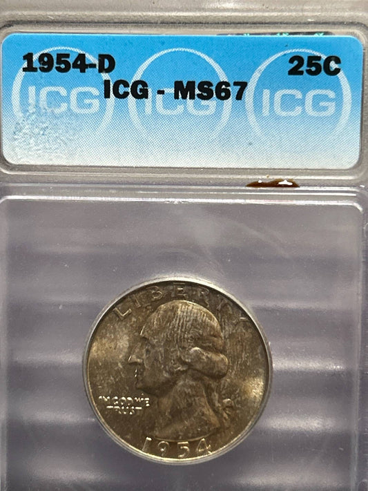 1954d Washington Silver Quarter coin, uncirculated ICG graded ms67 superb gem coin with gorgeous mint toning, gifts him 90 percent silver
