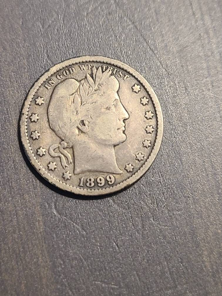 1899 barber silver quarter coin, nicer, very good antique American 90 percent silver money