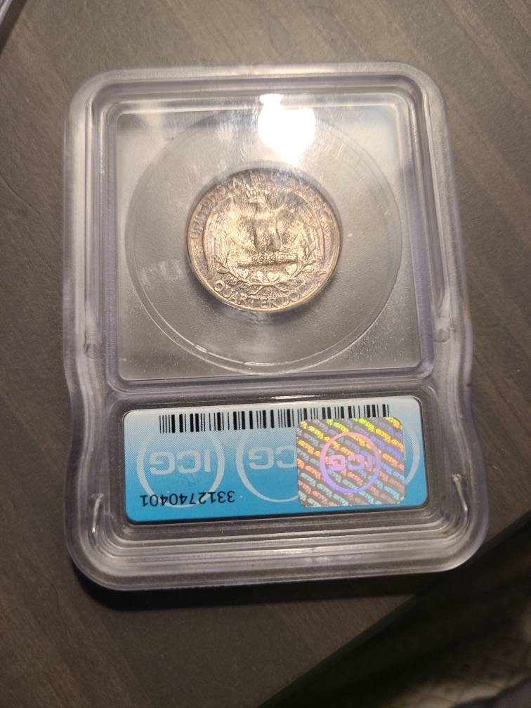 1954d Washington Silver Quarter coin, uncirculated ICG graded ms67 superb gem coin with gorgeous mint toning, gifts him 90 percent silver