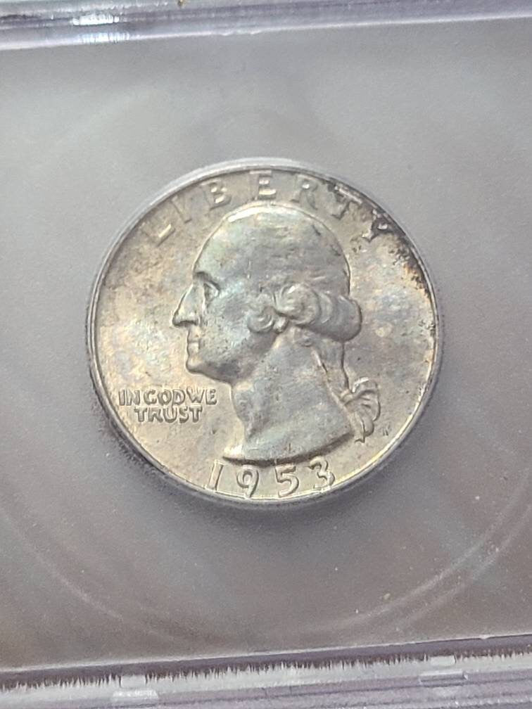 1953d Washington Silver Quarter coin, uncirculated ICG graded ms66+ gem coin with gorgeous mint toning