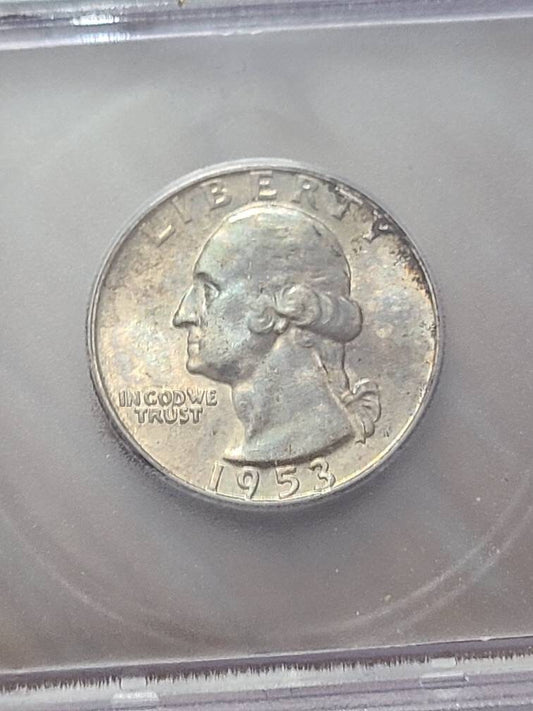 1953d Washington Silver Quarter coin, uncirculated ICG graded ms66+ gem coin with gorgeous mint toning