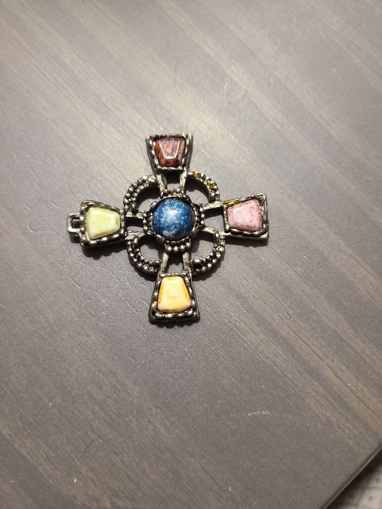 Unique vintage silver tone cross pendant,  old artisan necklace pendant, celtic style